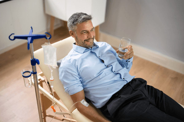 A man in a blue shirt receiving an IV treatment in a clinic. (1)